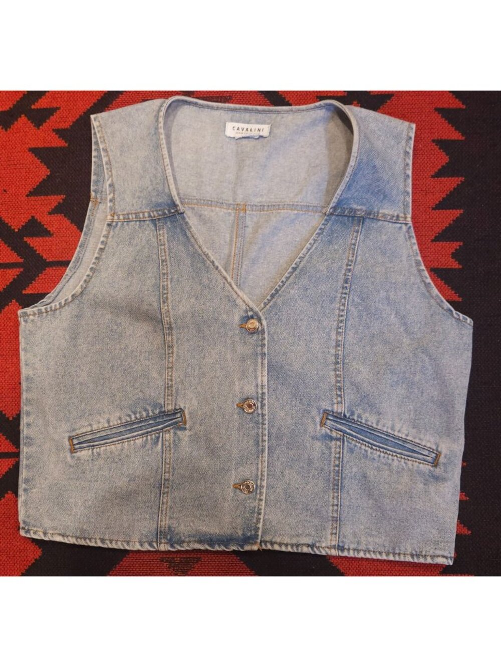 Vintage Cavalini Denim Vest XL Button Front Medium Wash 90s Style